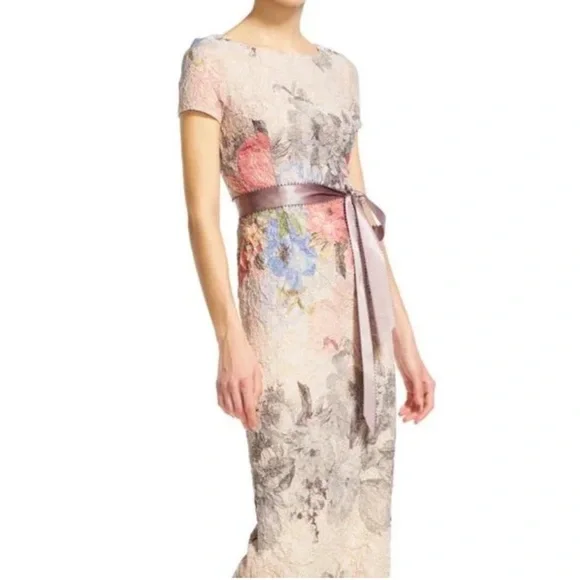 Adrianna Papell | Dresses | Adrianna Papell Womens Floral Print Jacquard Boat  Neck Short Sleeve Gown Sz | Poshmark